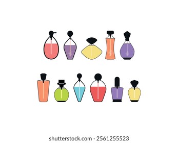 Set of Perfume Bottles, Colorful Glass Vials and Flasks with Sprayer and Pump. Aroma Scents Cosmetics for Men or Women, Luxury Fragrances Isolated Design Elements. Cartoon Vector Illustration, Icons