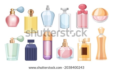 Set of Perfume Bottles, Colorful Glass Vials and Flasks with Sprayer and Pump. Aroma Scents Cosmetics for Men or Women, Luxury Fragrances Isolated Design Elements. Cartoon Vector Illustration, Icons