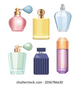 Conjunto de botellas Perfume, frascos de cosméticos y viales de vidrio con rociador líquido y bombas. Aroma para hombres o mujeres, Cosmética Perfumería Aislada, Elementos de Diseño de Aceite. Ilustración de vectores de dibujos animados, iconos