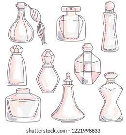 Set of perfume in bottles of different shapes with different colors.