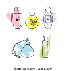  Set of perfume bottles in doodle style in vector. Perfume bottles illustration for design of cosmetics industry.