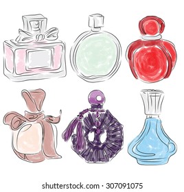 set of perfume bottles are drawn in a vector