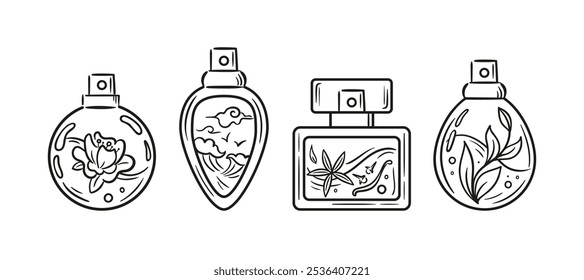 Conjunto de botellas de perfume. Aromas florales, especiados, marinos y herbarios. Ilustración vectorial en estilo sketch. Botellas con poción mágica. Para la etiqueta engomada, cartel, postal, elemento de diseño