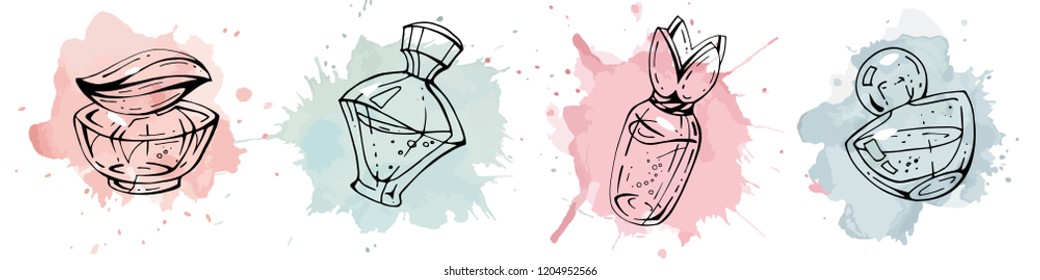 Set of perfume bottles. Hand drawn vector illustration. Watercolor background. Spray.