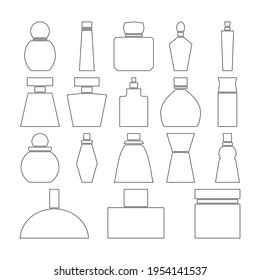 Set of perfume bottles icons. Linear and outline vector icons. Clipart and drawing on white background.