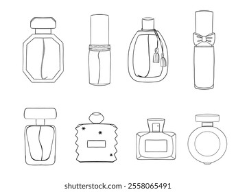 Set of perfume bottles. Illustration without colour. Hand drawing. Doodle style