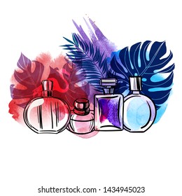 Set of perfume bottles isolated on white backgroun. Sketch and watercolor style. Vector illustration