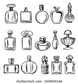 Set of perfume bottles isolated on white backgroun. Sketch and watercolor style. Vector illustration