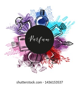 Set of perfume bottles isolated on white backgroun. Sketch and watercolor style. Vector illustration