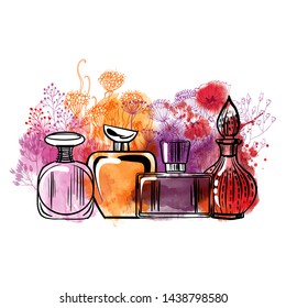 Set of perfume bottles isolated on white backgroun. Sketch and watercolor style. Vector illustration