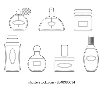 Set of perfume bottles in linear style. Cartoon flat style. Vector illustration