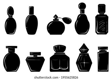 Set of perfume bottles, monochrome, vector