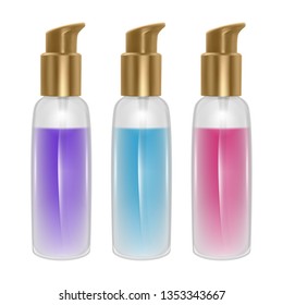 Set of Perfume bottles on white background. Perfume bottle with pink, blue and purple fluid, templates for brand of perfume or oil, vector EPS 10