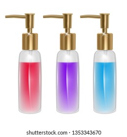 Set of Perfume bottles on white background. Perfume bottle with pink, blue and purple fluid, templates for brand of perfume or oil, vector EPS 10