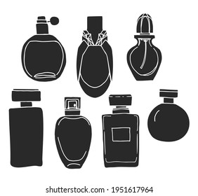 Set of Perfume bottles, scent fragrance. Hand drawn Black bottles silhouettes on white. Doodles. Vector