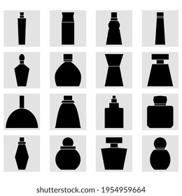 Set of perfume bottles square icons. Black silhouettes. Clipart and drawing on white background.