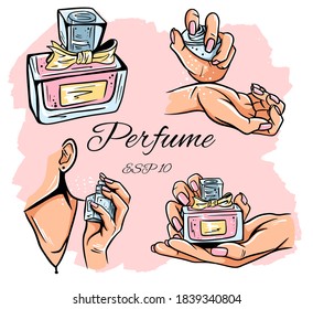 Set of perfume bottles vector illustration. Eau de parfum. Eau de Toilette. Perfume bottle in hand. Isolated objects.