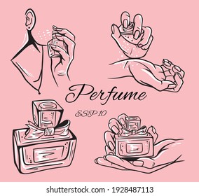 Set of perfume bottles vector illustration. Eau de parfum. Eau de Toilette. Perfume bottle in hand.