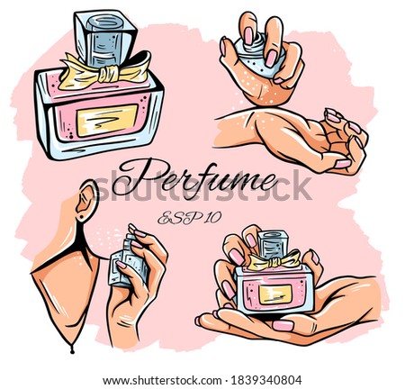Set of perfume bottles vector illustration. Eau de parfum. Eau de Toilette. Perfume bottle in hand. Isolated objects.