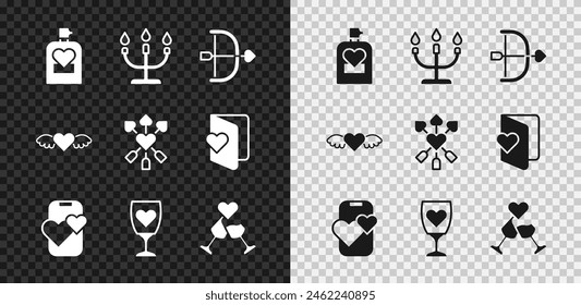 Set Perfume, Candlestick, Bow arrow, Dating app online mobile, Glass of champagne, Heart with wings and Amour heart icon. Vector