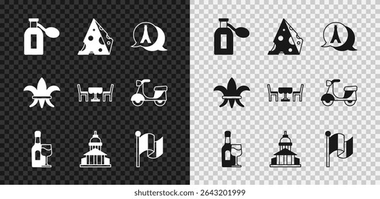 Set Perfume, Cheese, Eiffel tower, Wine bottle with glass, Museum building, Flag France, Fleur De Lys and French cafe icon. Vector