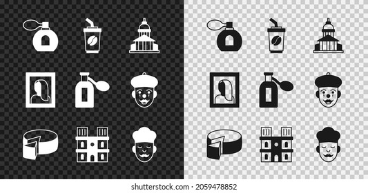Sitúe Perfume, la taza de café a visitar, el edificio del Museo, el Queso, Notre Dame de París, Cook, el Museo de la fotografía y el icono. Vector