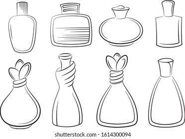 Set of Perfume, Cologne and Eau de Toilette Bottles Black Contours Isolated on White Background. Vector