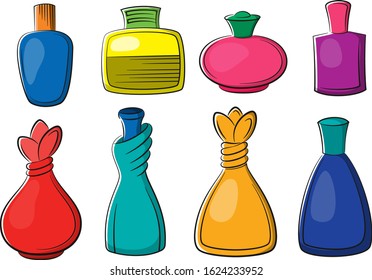 Set of Perfume, Cologne and Eau de Toilette Colorful Bottles Isolated on White Background. Vector