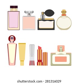 Set with perfume and cosmetics. Flat style