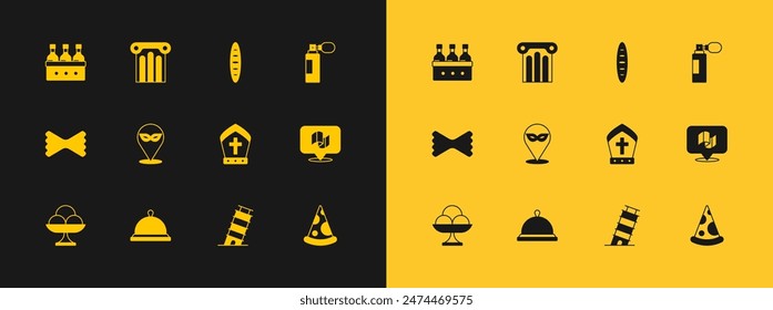 Set Perfume, Covered with tray of food, Pope hat, Leaning tower in Pisa, Carnival mask, French baguette bread, Bottles wine and Ancient column icon. Vector