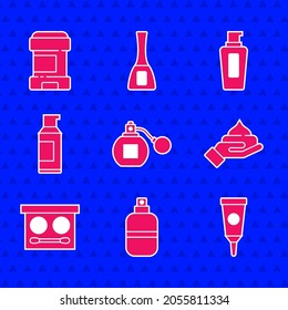 Set Perfume, Cream or lotion cosmetic tube, Eye shadow palette, Spray can for hairspray, Bottle of shampoo and Antiperspirant deodorant roll icon. Vector