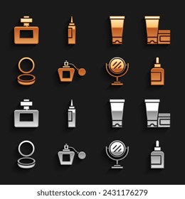 Set Perfume, Cream or lotion cosmetic tube, Round makeup mirror, Makeup powder with,  and  icon. Vector