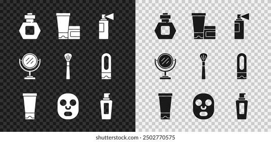 Set Perfume, Cream or lotion cosmetic tube, Facial mask, Bottle of shampoo, Round makeup mirror and Makeup brush icon. Vector