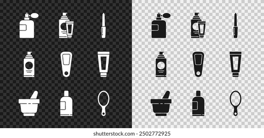 Set Perfume, Cream or lotion cosmetic tube, Nail file, Mortar and pestle, Bottle of shampoo, Hand mirror, Spray can for hairspray and  icon. Vector