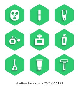 Set Perfume, Cream or lotion cosmetic tube, Shaving razor, Bottle of shampoo, Nail polish bottle, Pumice for feet and Facial mask icon. Vector