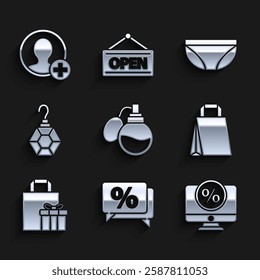 Set Perfume, Discount percent tag, Percent discount and monitor, Paper shopping bag, Gift box, Earring, Underwear and Create account screen icon. Vector