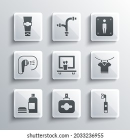 Set Perfume, cepillo de dientes eléctrico, ropa de secado, espejo de lavabo, Botella de champú, ducha, pasta de dientes de tubo e icono de retrete masculino. Vector