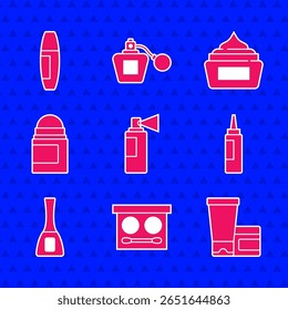 Definir Perfume, paleta de sombra do olho, Creme ou tubo cosmético loção, Frasco de esmalte ungueal, rolo desodorante antitranspirante e ícone de pincel de rímel. Vetor