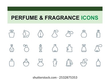Set of perfume and fragrance line icons. flower, natural, beauty, scents, bottle and so on. Vector outline icons set.