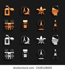 Set Perfume, French man, Eiffel tower, Notre Dame de Paris, Fleur De Lys,  and  icon. Vector