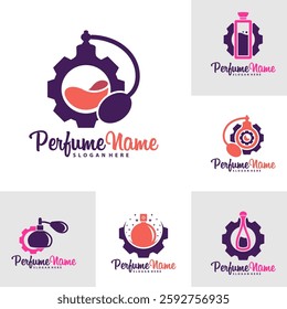 Set of Perfume with Gear logo design vector illustration. Perfume logo concept template