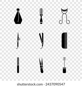 Set Perfume, Hairbrush, Eyelash curler, Nail file, Eyebrow tweezers, Mascara, Curling iron and  icon. Vector