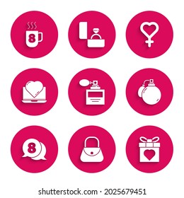 Set Perfume, Handbag, Gift box heart, 8 March in speech bubble, Online dating app chat, Female gender symbol and Coffee cup with icon. Vector