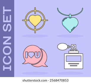 Set Perfume, Heart in the center of target aim, Speech bubble with I love you and Necklace with heart shaped pendant icon. Vector