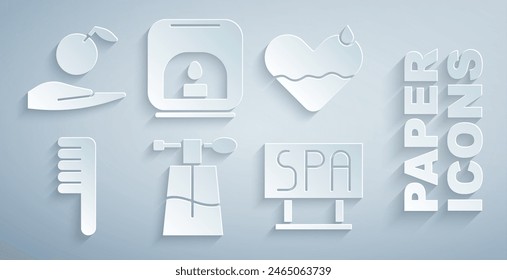 Set Perfume, Heart heal, Hairbrush, Spa salon signboard, Aroma lamp and Apple in hand icon. Vector