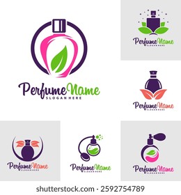 Set of Perfume with Leaf logo design vector illustration. Perfume logo concept template