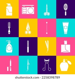 Set Perfume, Lotion cosmetic tube, Scissors, Hairbrush, Cream and Cotton swab for ears icon. Vector