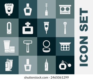 Set Perfume, polvo de maquillaje con espejo, cepillo, máscara de pestañas, botella de champú, depilador y crema loción tubo cosmético icono. Vector