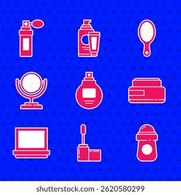 Set Perfume, Escova de rímel, Rolo de desodorante antitranspirante, Tubo cosmético de loção de creme, Pó de maquiagem com espelho, Maquiagem redonda, Mão e ícone. Vetor