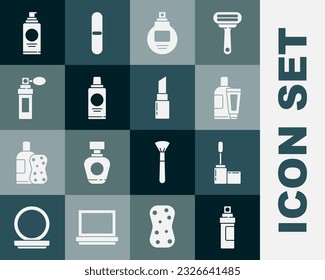 Set Perfume, Mascara brush, Cream or lotion cosmetic tube, Bottle of shampoo, Spray can for hairspray and Lipstick icon. Vector